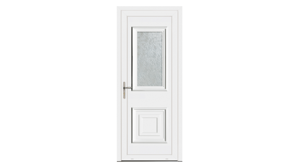 Porte d'entrée PVC parclosé ECO TRADI Porte d'entrée blanche avec partie rectangle vitrée et décor mouluré